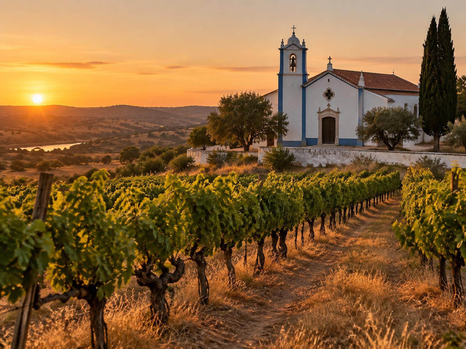 Vinha alentejana ao pôr-do-sol com uma capela branca